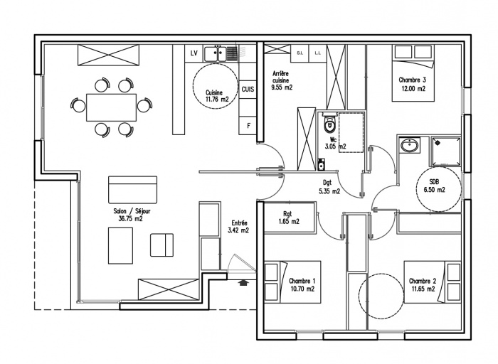 Maison TN / F : plan du RDC